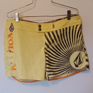 Volcom Women's surf trunks in Yellow with Black Pattern
